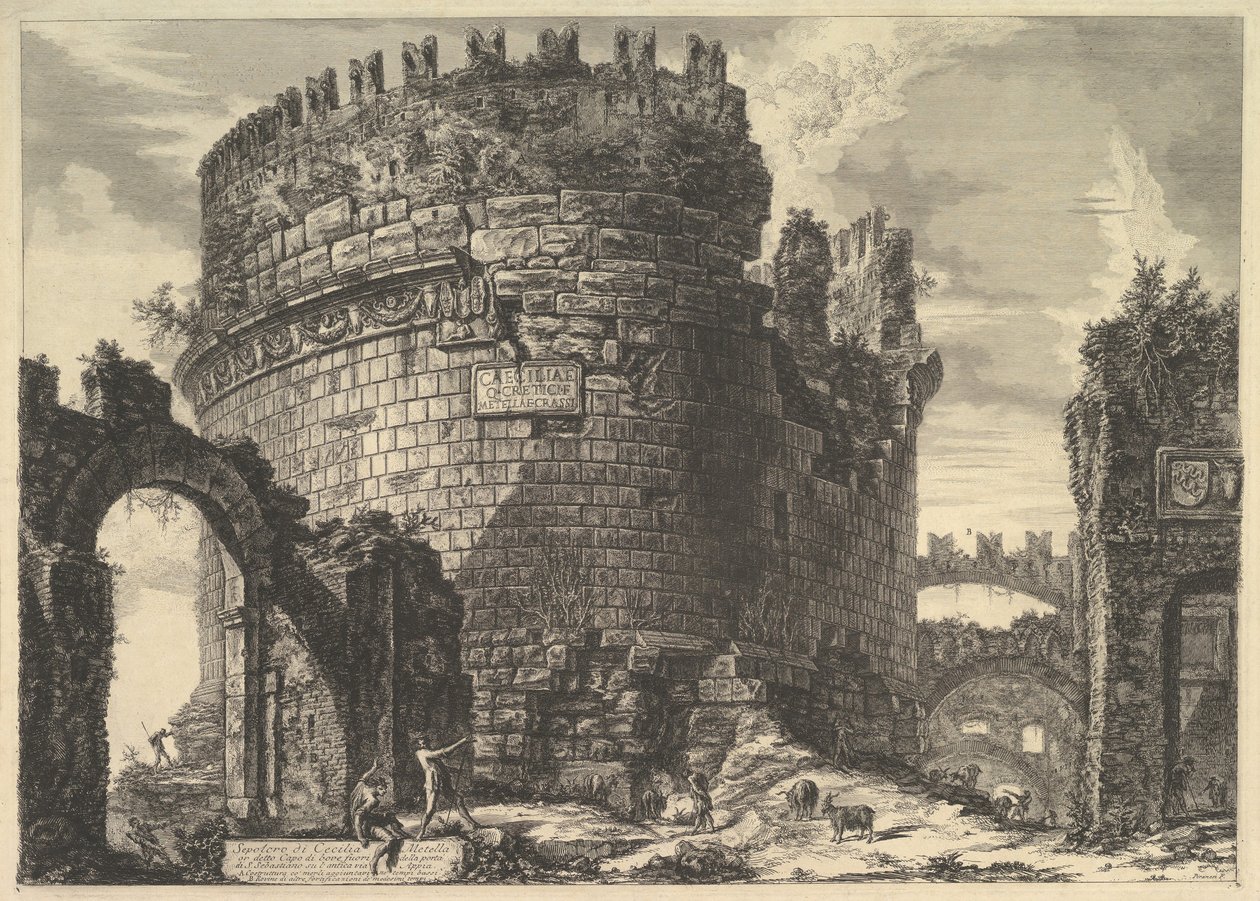 Het graf van Caecilia Metella, uit Vedute di Roma Romeinse Zichten, ca. 1762 door Giovanni Battista Piranesi