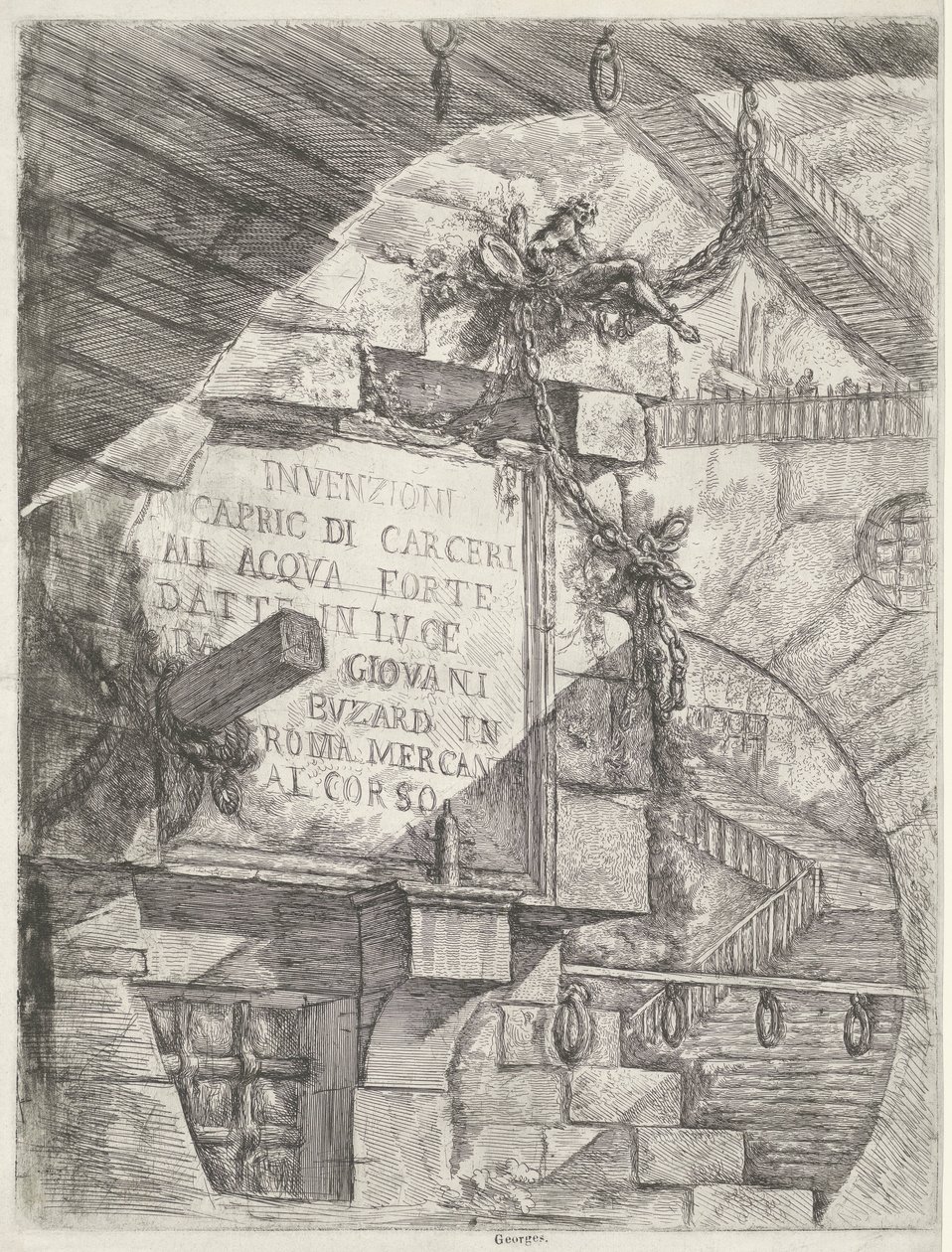 Titelprent met gezicht in kerker en titel op muur door Giovanni Battista Piranesi