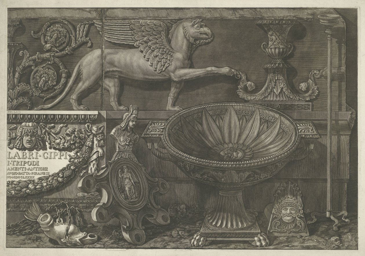 Titelprent met sculpturen, gebeeldhouwde reliëfs en een sarcofaag met titel (rechter deel) door Giovanni Battista Piranesi