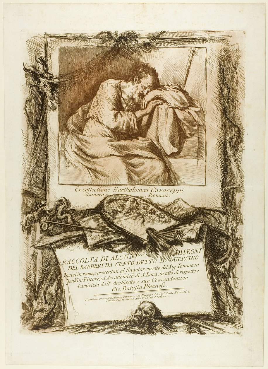 Titelpagina: Verzameling van verschillende tekeningen gegraveerd naar Barbieri da Cento (bekend als Guercino) gegraveerd op koper en gepresenteerd aan Thomas Jenkins, schilder en lid van de Academie van Sint Lucas, uit respect en vriendschap van zijn mede door Giovanni Battista Piranesi