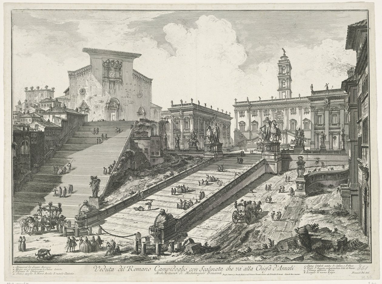 Trappen naar Piazza del Campidoglio en de Santa Maria in Aracoeli te Rome door Giovanni Battista Piranesi
