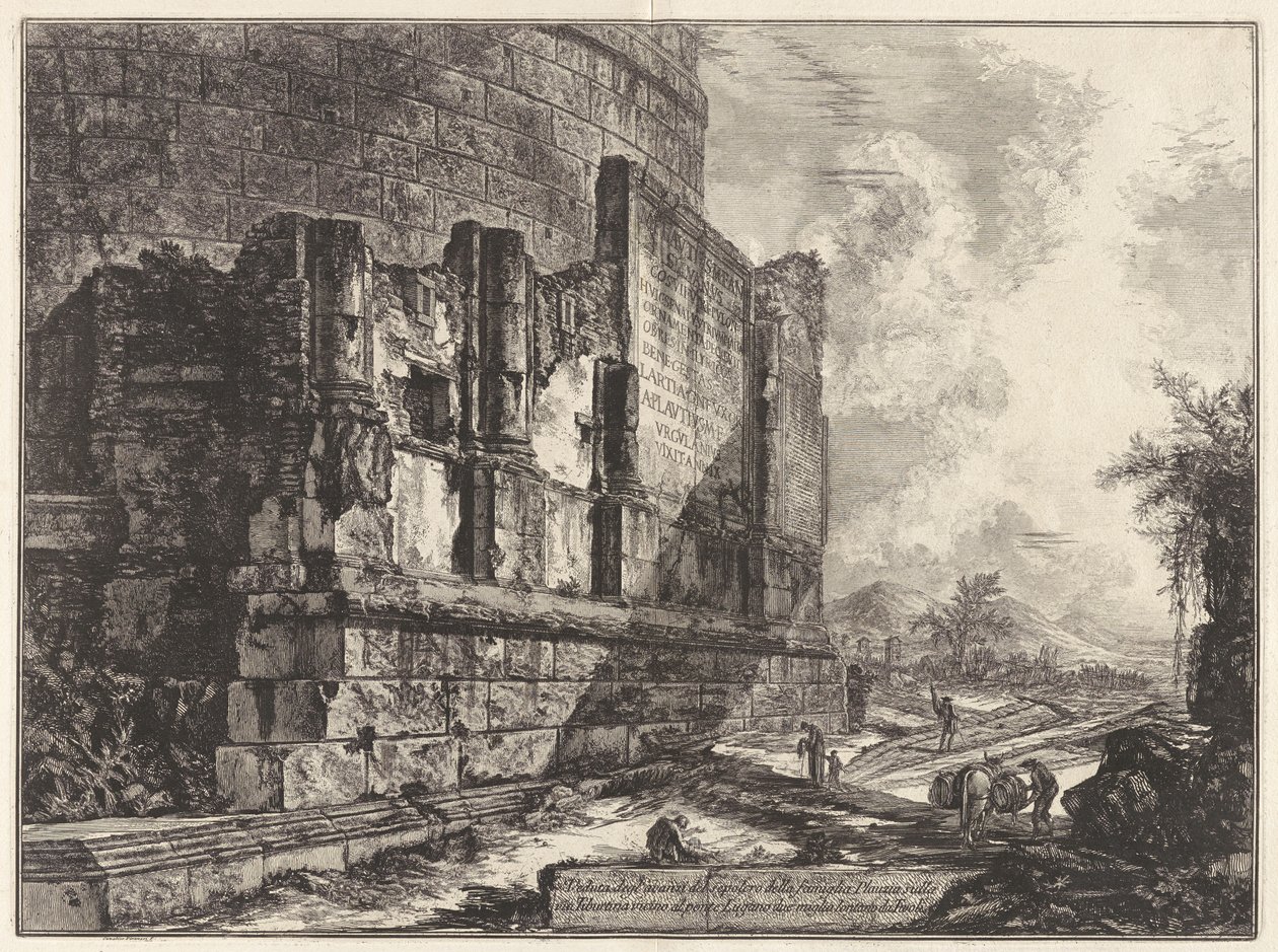 Gezicht op de resten van het grafmonument van de familie Plautia aan de Via Tiburtina nabij Ponte Lugano, twee mijl van Tivoli, uit Vedute di door Giovanni Battista Piranesi