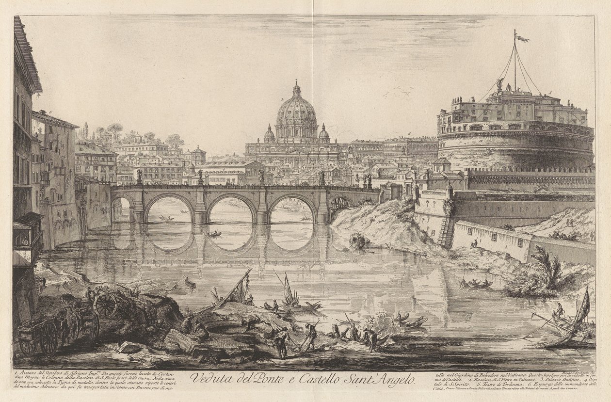 Gezicht op de brug en de Engelenburcht, uit Gezichten op Rome door Giovanni Battista Piranesi