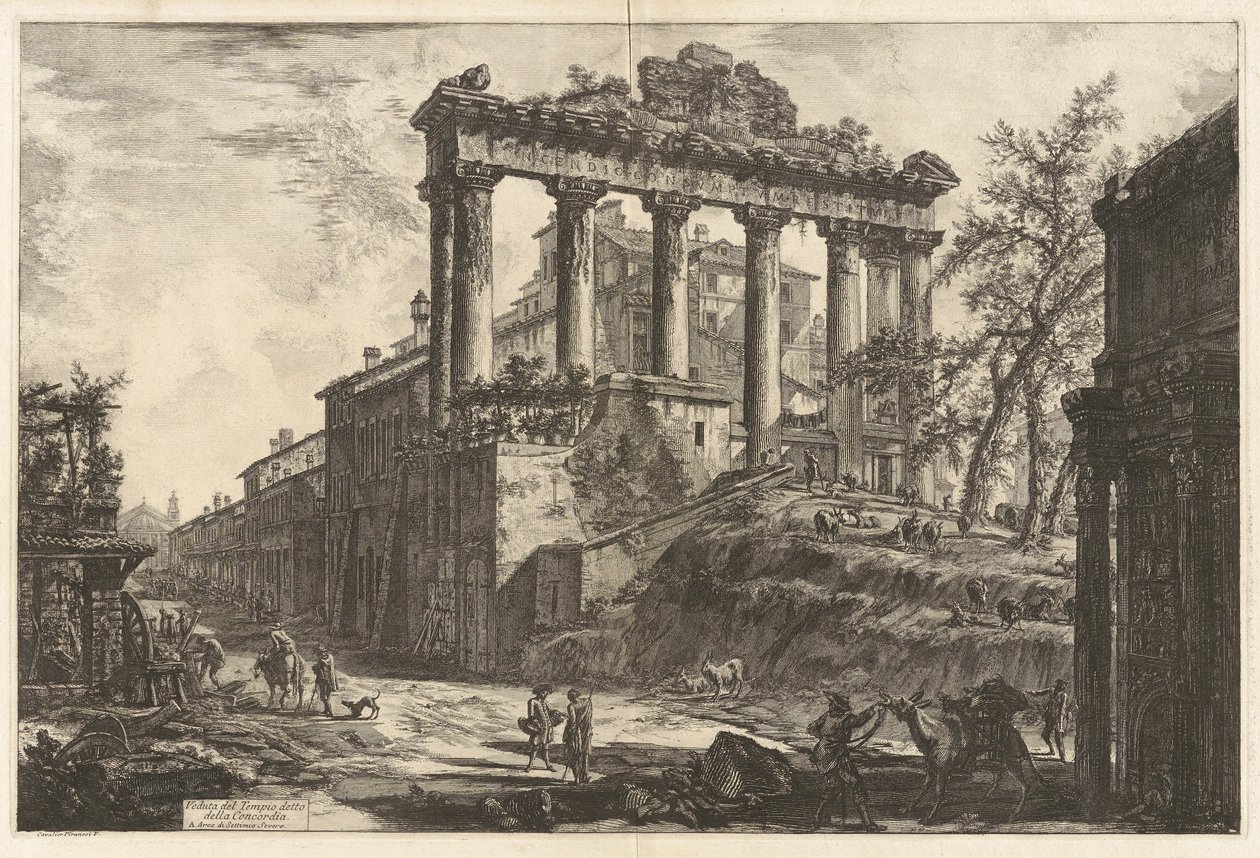 Gezicht op de zogenaamde Tempel van Concordia (de Tempel van Saturnus met de Boog van Septimius Severus op de voorgrond rechts), uit Vedute di Roma door Giovanni Battista Piranesi