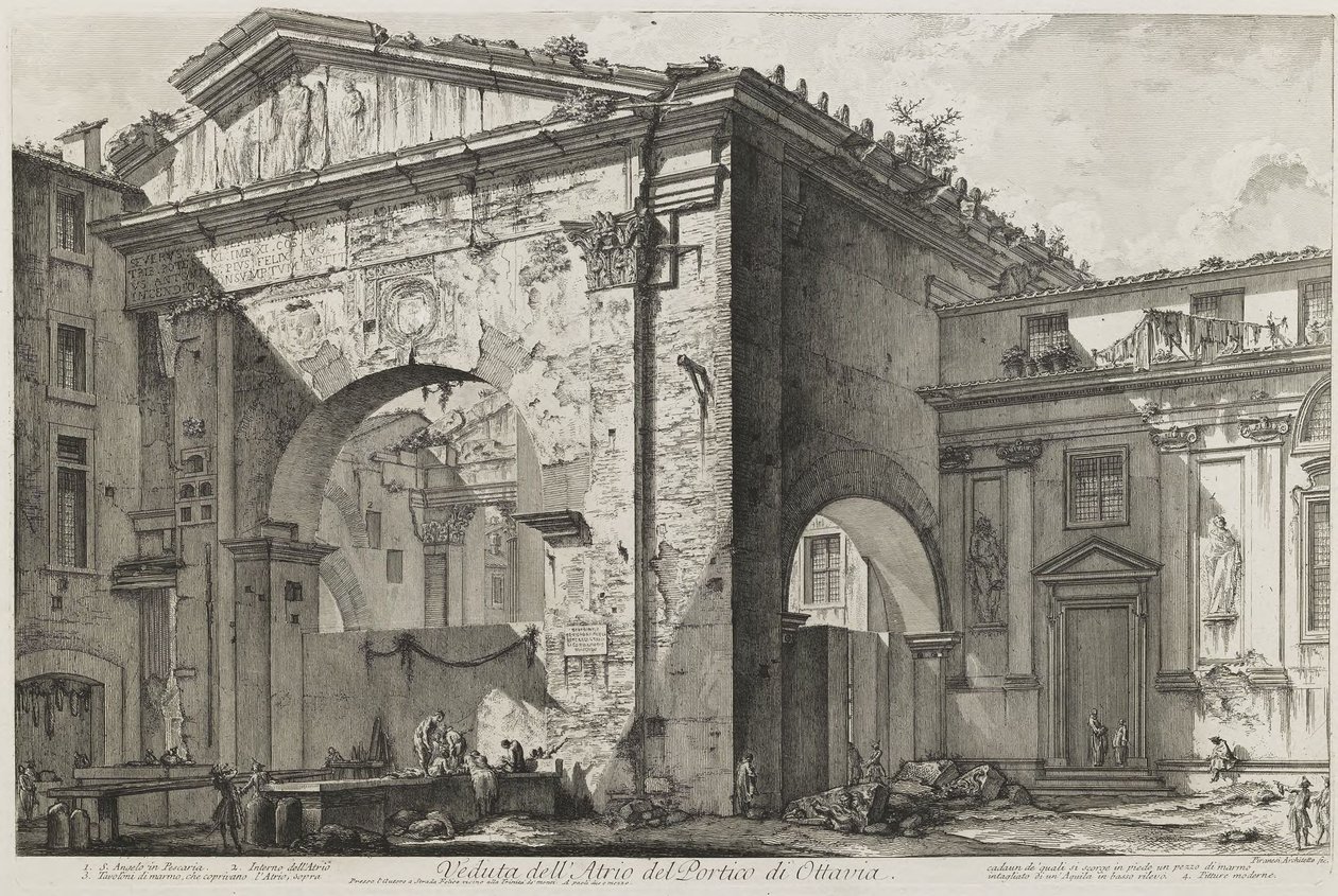 Zicht op de portiek van Ottavia (De portiek van Ottavia: de ingang, buitenkant) door Giovanni Battista Piranesi
