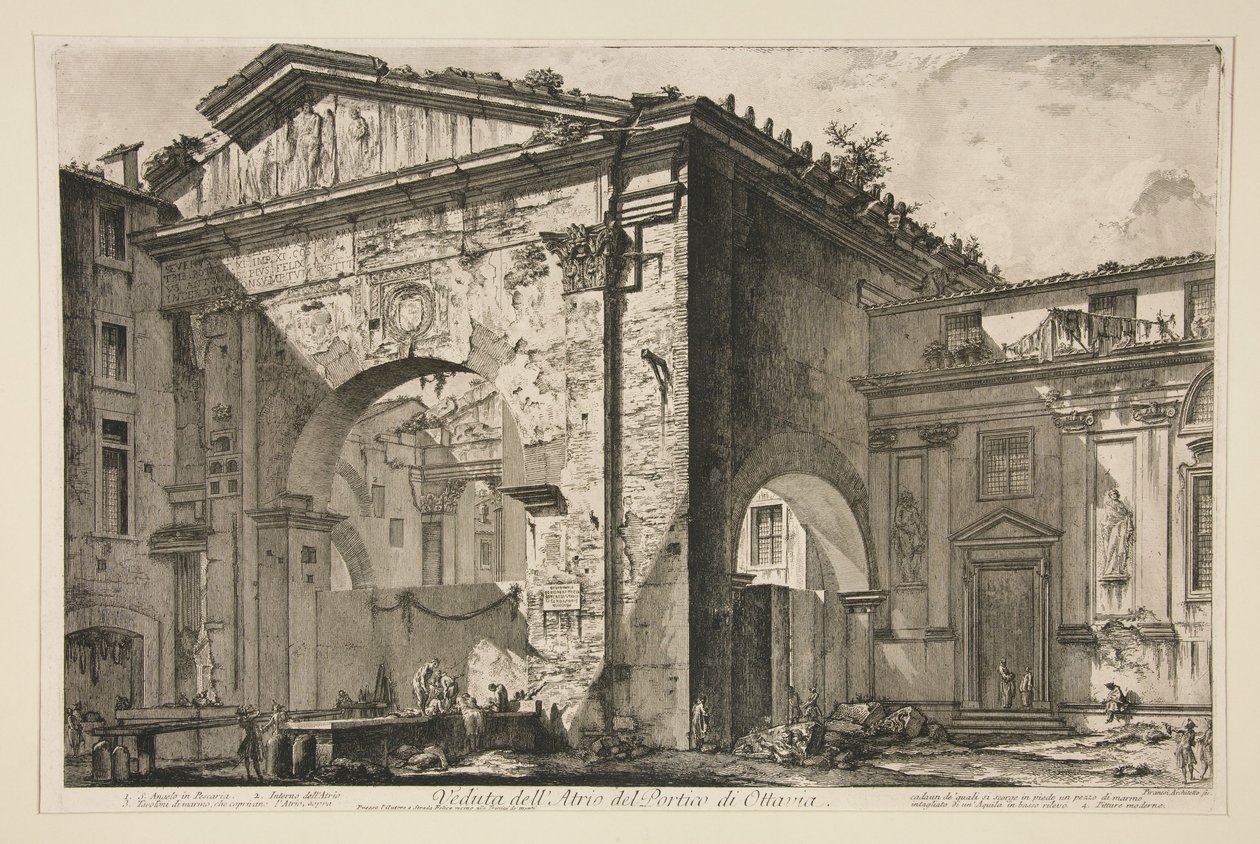 Gezicht op het atrium van de porticus van Octavia, uit Vedute di Roma door Giovanni Battista Piranesi