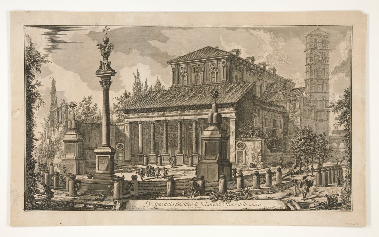Veduta della Basilica di S. Lorenzo fuor delle mura (Gezicht op S. Lorenzo buiten de muren), uit Vedute di Roma door Giovanni-Battista Piranesi