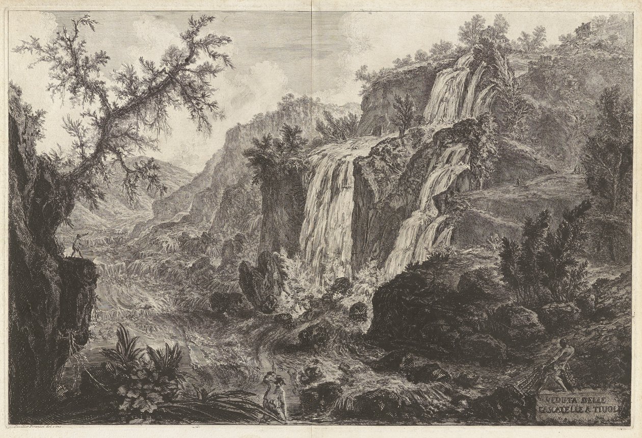 Uitzicht op kleine watervallen bij Tivoli, uit Vedute di Roma door Giovanni-Battista Piranesi