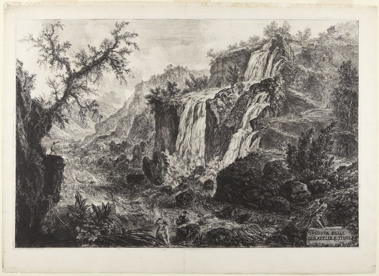 Gezicht op de kleine watervallen van Tivoli door Giovanni Battista Piranesi