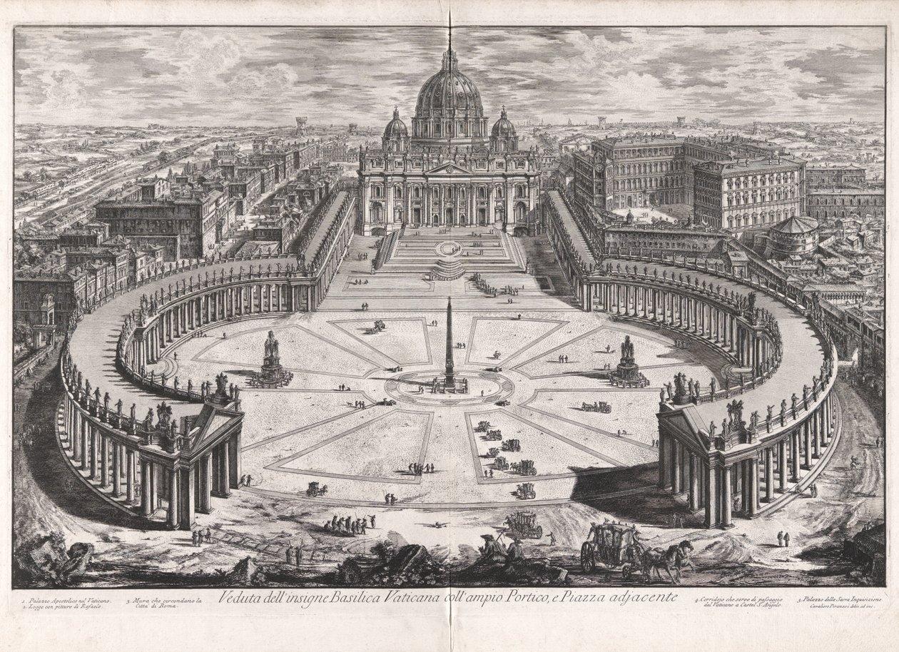 Gezicht op de beroemde Sint-Pietersbasiliek met haar ruime portiek en aangrenzend plein, uit Vedute di Roma (Gezichten op Rome) door Giovanni Battista Piranesi