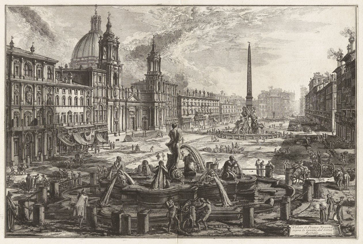 Gezicht op de Piazza Navona boven de ruïnes van het Circus Agonalis [Circus van Domitianus], uit Vedute di Roma (Gezichten op Rome) door Giovanni Battista Piranesi