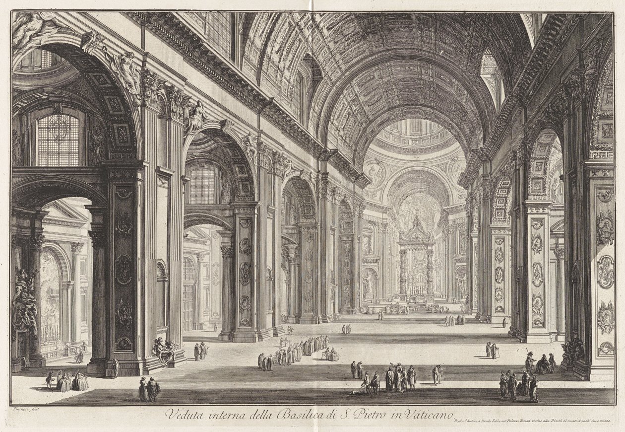 Interieurzicht van de Sint-Pietersbasiliek in het Vaticaan, uit Gezichten op Rome door Giovanni Battista Piranesi
