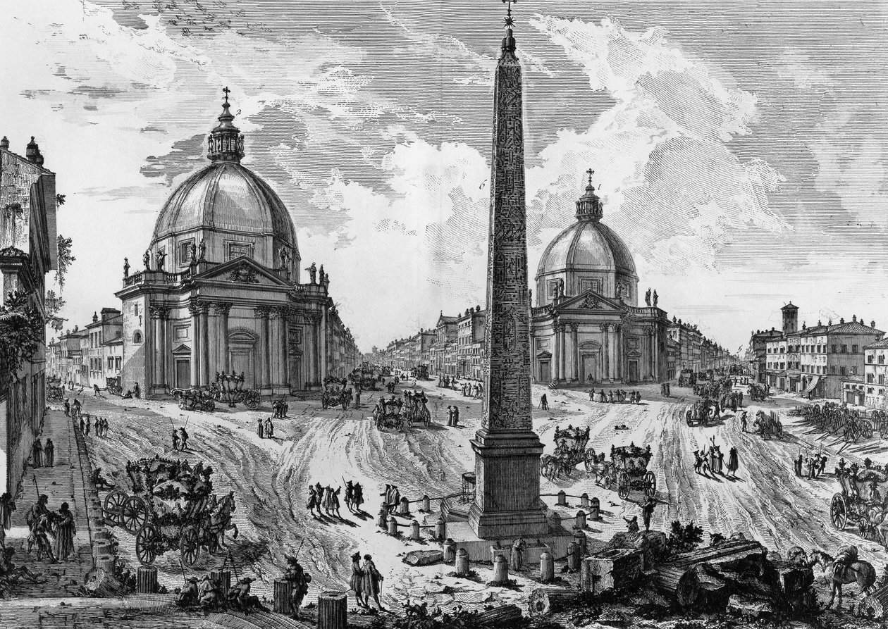 Uitzicht op Piazza del Popolo in Rome, gravure door Giovanni Battista Piranesi (1720-1778), uit Romeinse oudheden door Giovanni Battista Piranesi