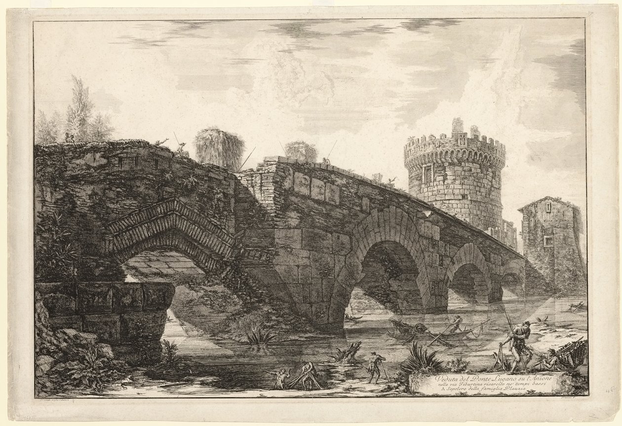 Uitzicht op Ponte Lugano aan de Anio, uit Zichten op Rome door Giovanni Battista Piranesi