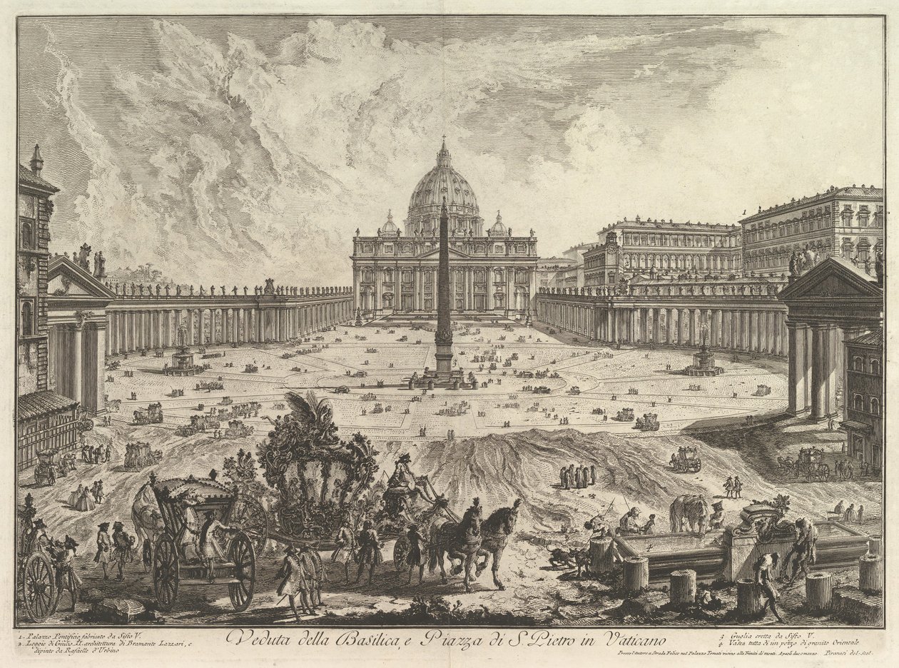 Uitzicht op de Sint-Pietersbasiliek en het plein in het Vaticaan, uit Vedute di Roma Roman Vie... door Giovanni Battista Piranesi
