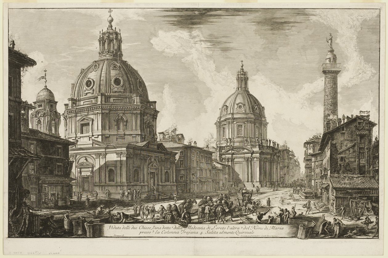 Zicht op twee kerken, de ene genaamd 1. S. Maria di Loreto, de andere 2. De Naam van Maria, nabij 3. Maria di Loreto. De Naam van Maria, vlakbij 3. Zuil van Trajanus. 4. De beklimming van de Quirinal, van Gezicht op Rome door Giovanni Battista Piranesi