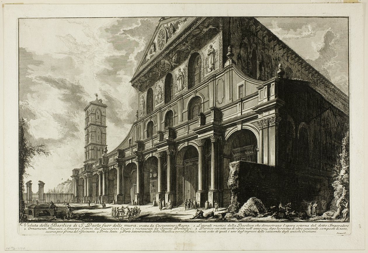 Uitzicht op de basiliek van S. Paolo fuori delle Mura [St. Paulus buiten de muren], gebouwd door Constantijn de Grote, uit Zichten van Rome door Giovanni Battista Piranesi