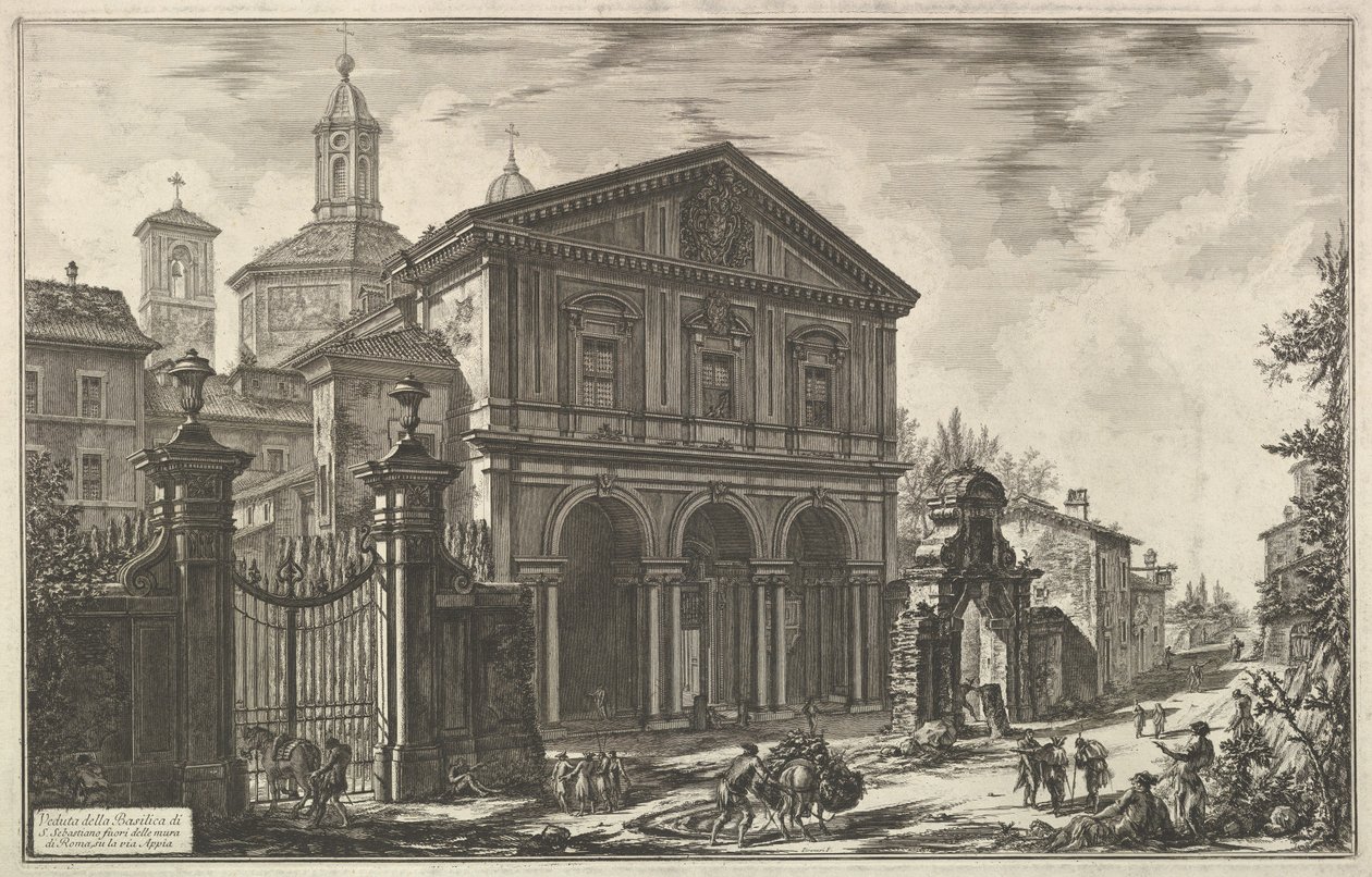 Gezicht op de basiliek San Sebastiano fuori delle mura [Sint-Sebastiaan buiten de muren] aan de Via Appia, uit Vedute di Roma (Romeinse gezichten) door Giovanni Battista Piranesi