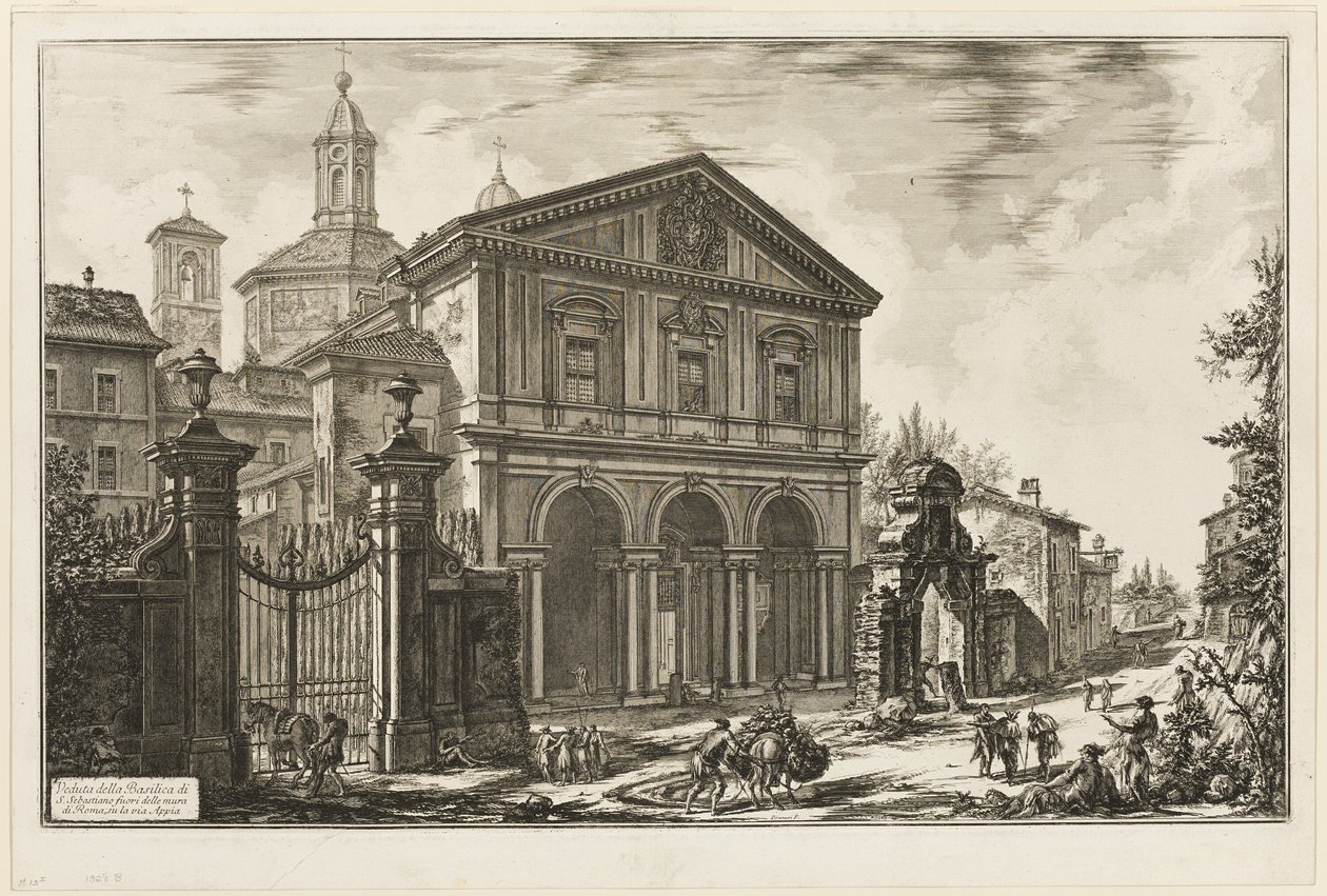 Zicht op de Basiliek van San Sebastiano fuori delle mura [St. Sebastiaan buiten de Muren] aan de Via Appia, uit Zichten op Rome door Giovanni Battista Piranesi