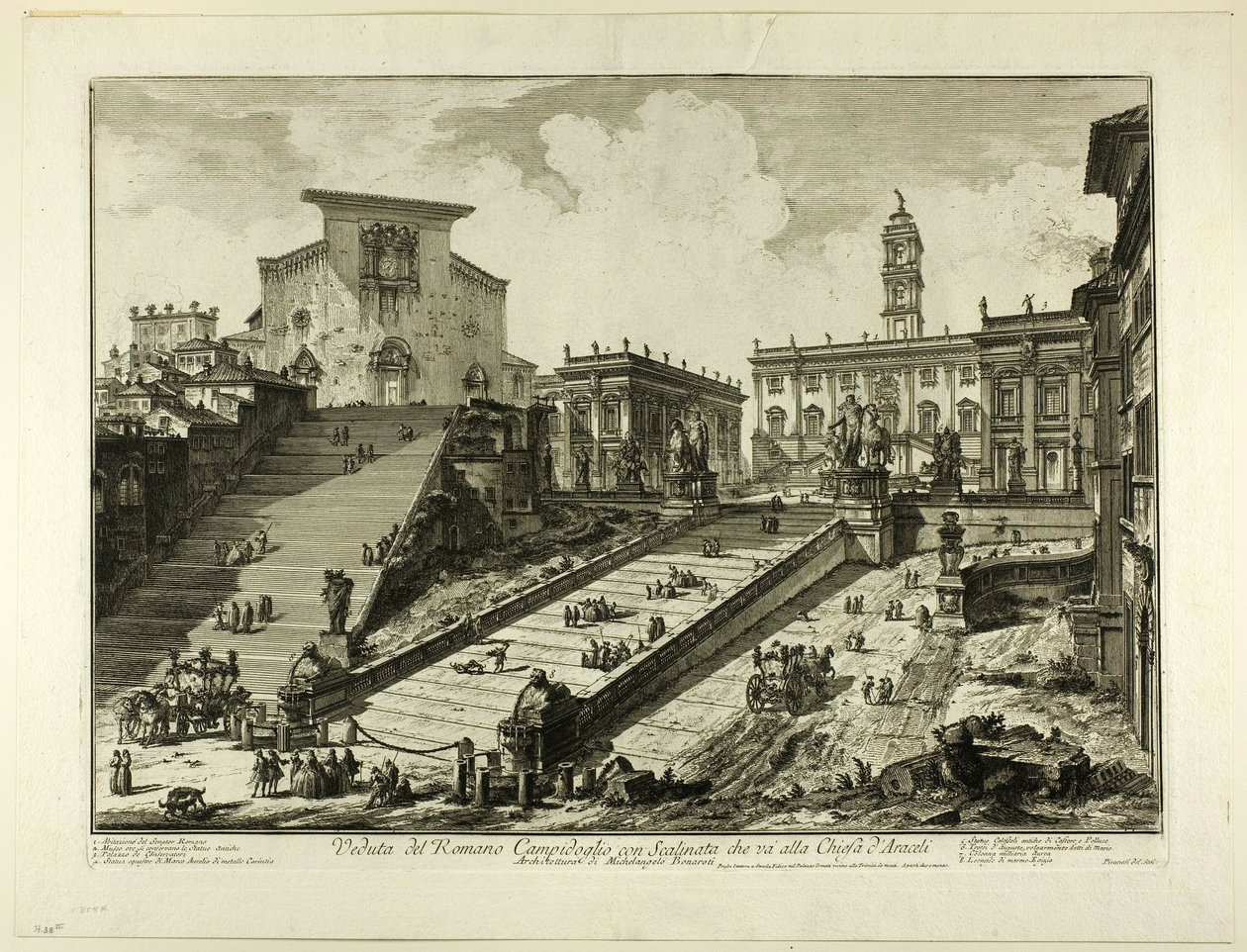 Zicht op de Capitolijnse Heuvel met de trappen naar de Kerk van S. Maria in Aracoeli, uit Zichten van Rome door Giovanni Battista Piranesi