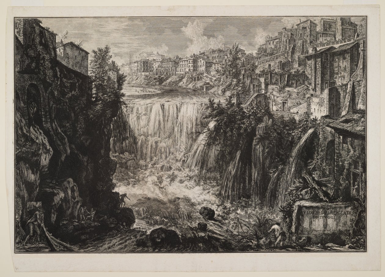 Gezicht op de grote waterval in Tivoli door Giovanni Battista Piranesi