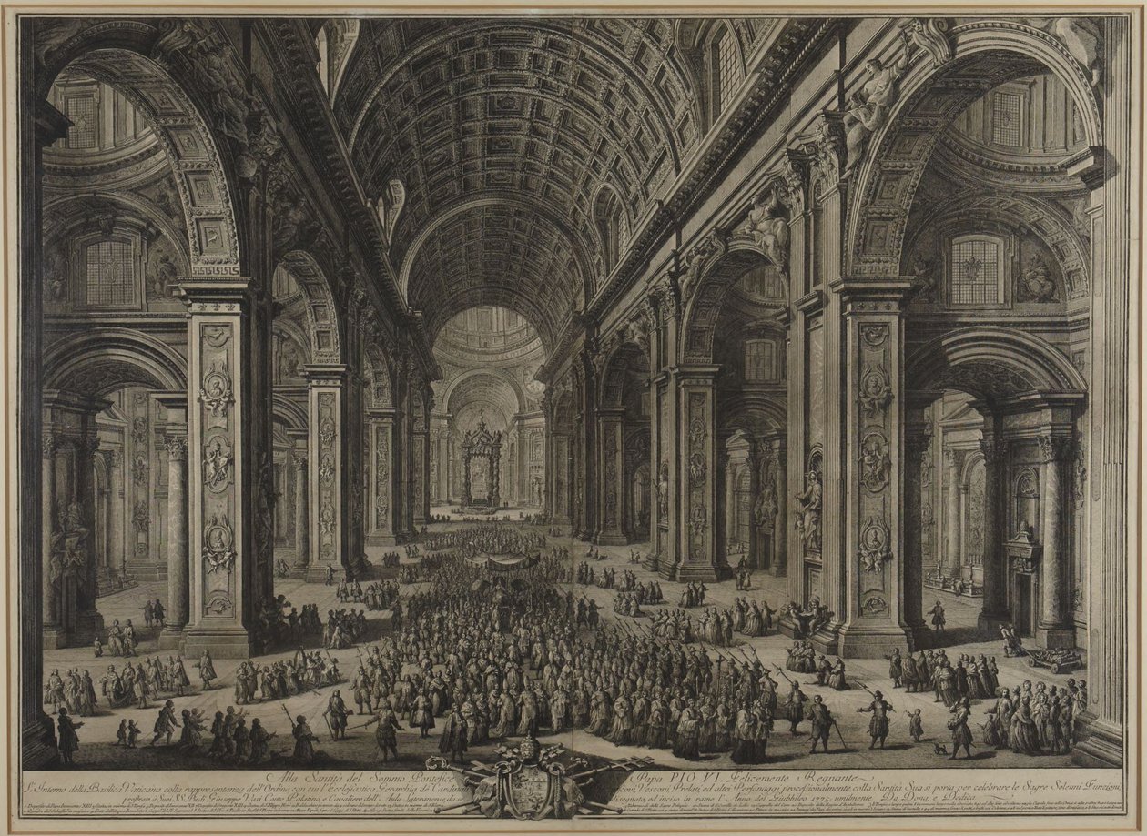 Gezicht op het interieur van de Sint-Pietersbasiliek door Giovanni Battista Piranesi