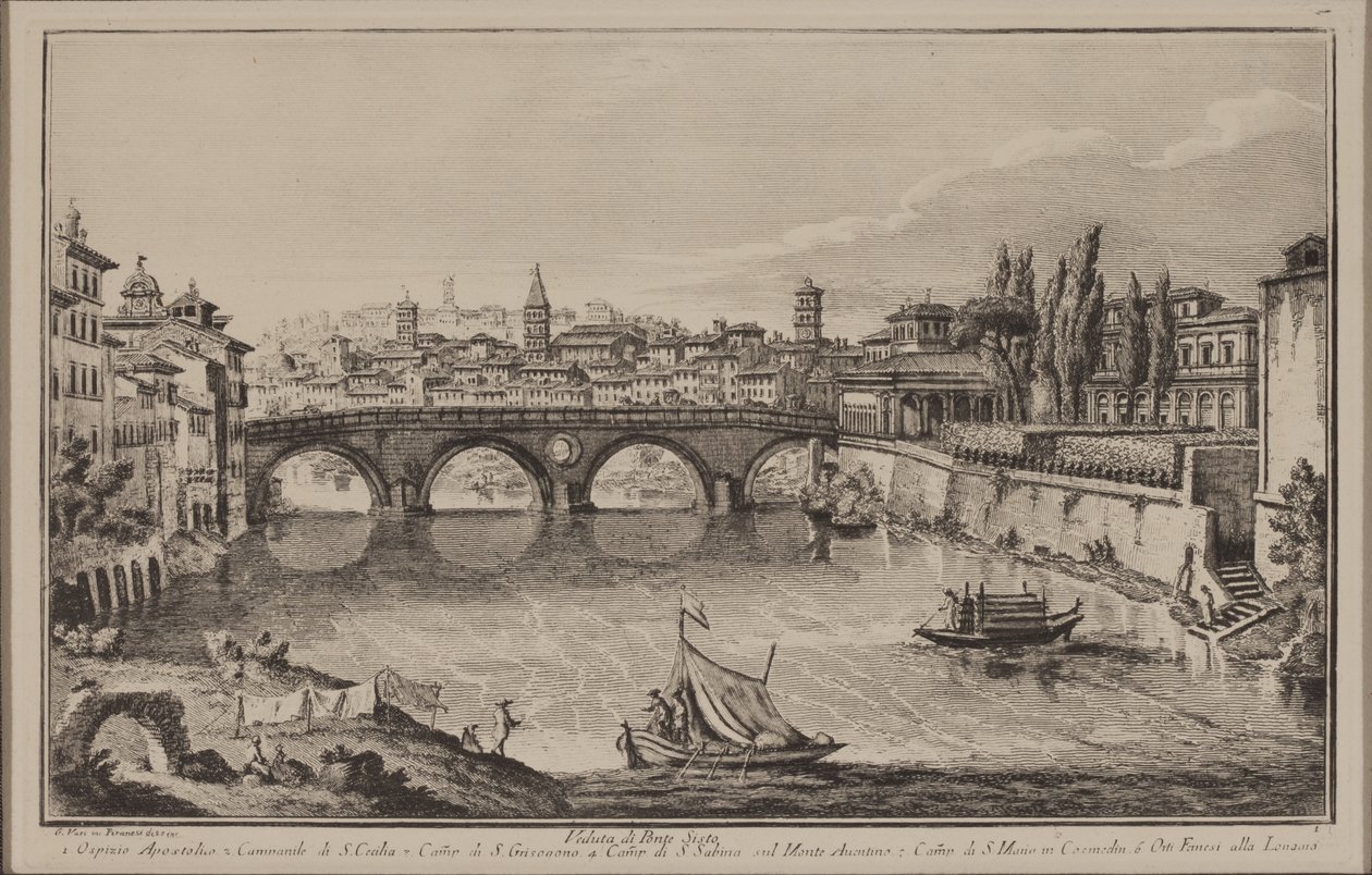 Uitzicht op de Sisto Brug, c.1778-92 (ets) door Giovanni-Battista Piranesi
