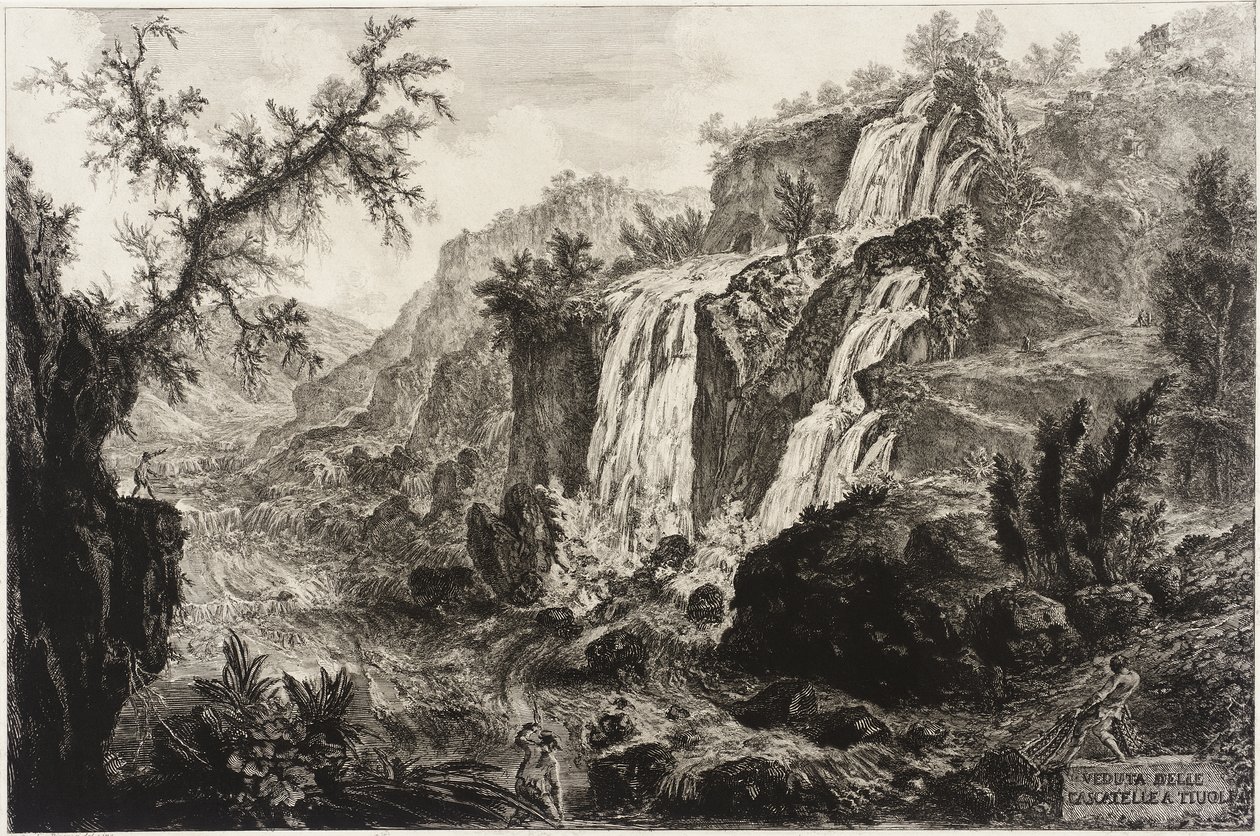 Gezicht op de kleine waterval en stroomversnellingen, Tivoli door Giovanni Battista Piranesi