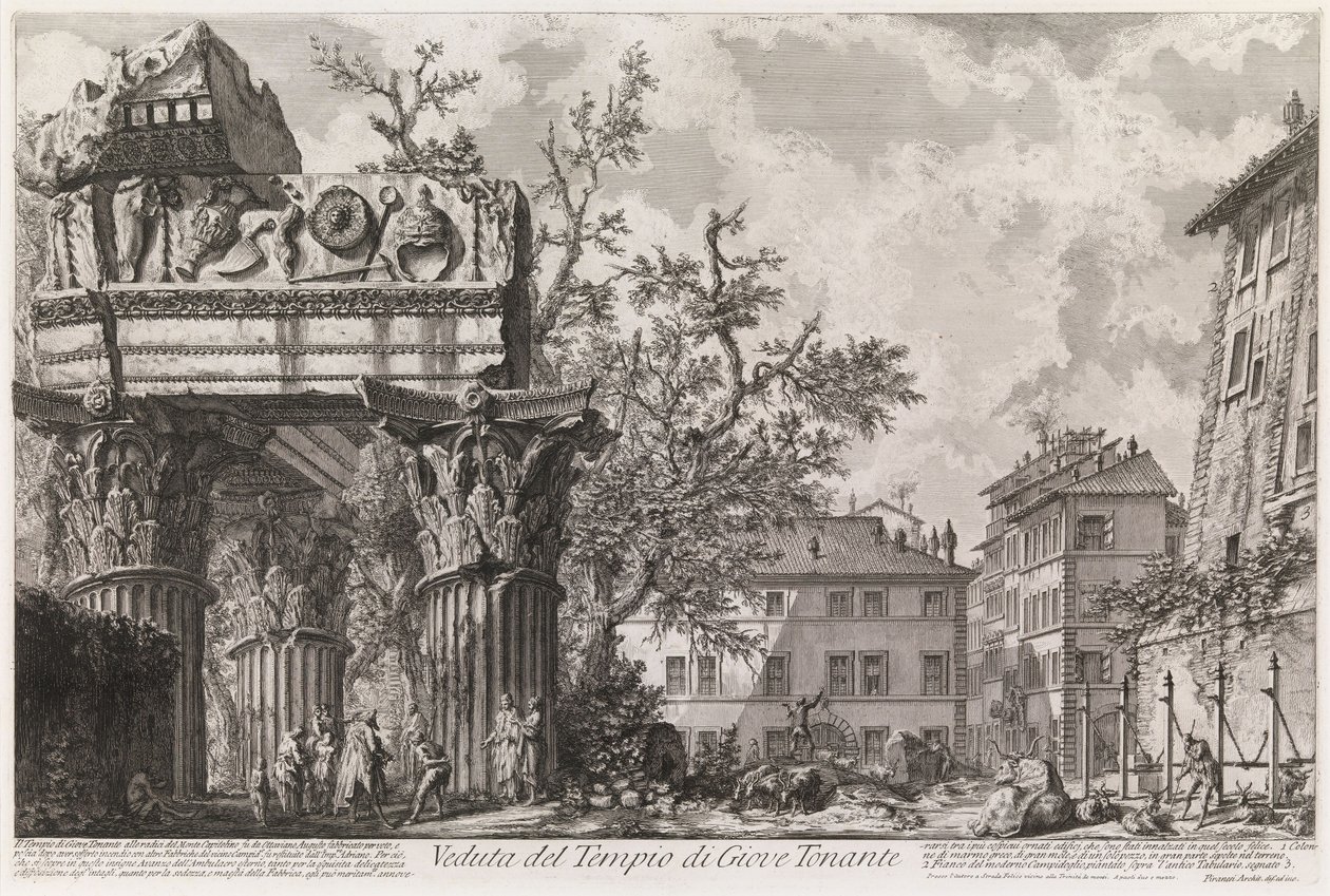 Gezicht op de tempel van Vespasianus en Titus, de tempel van Jupiter Tonans genoemd, uit de serie Vedute di Roma door Giovanni Battista Piranesi