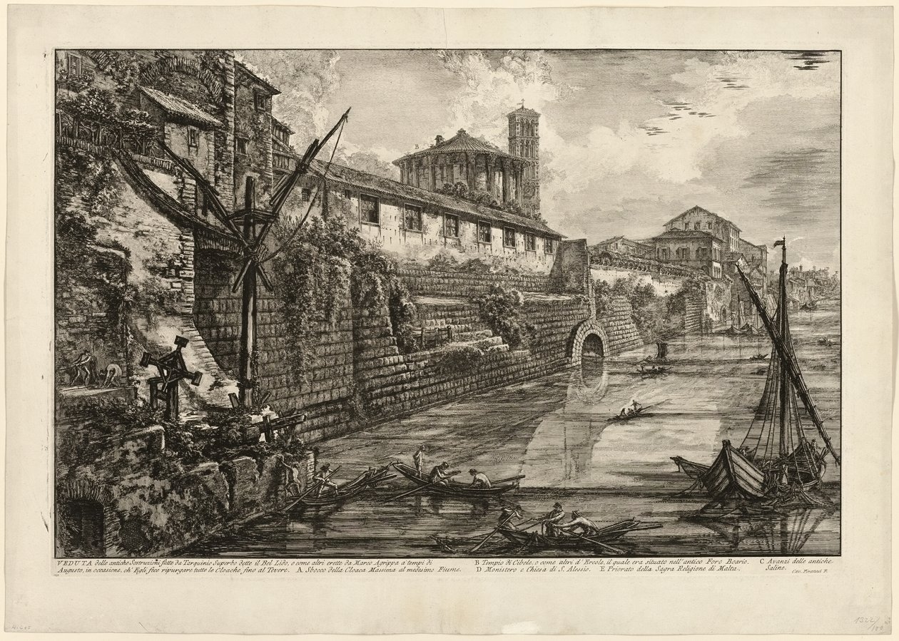 Uitzicht op de oude structuur gebouwd door Tarquinius Superbus genaamd de Bel Lido, en zoals anderen, gebouwd door Marcus Agrippa in de tijd van Augustus toen hij alle riolen die naar de Tiber leidden schoonmaakte, uit Zichten op Rome door Giovanni Battista Piranesi