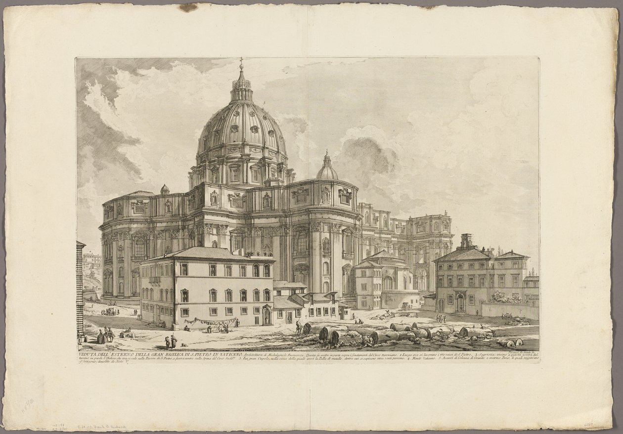 Zicht op de buitenkant van de Sint-Pietersbasiliek in het Vaticaan, van Views of Rome door Giovanni Battista Piranesi