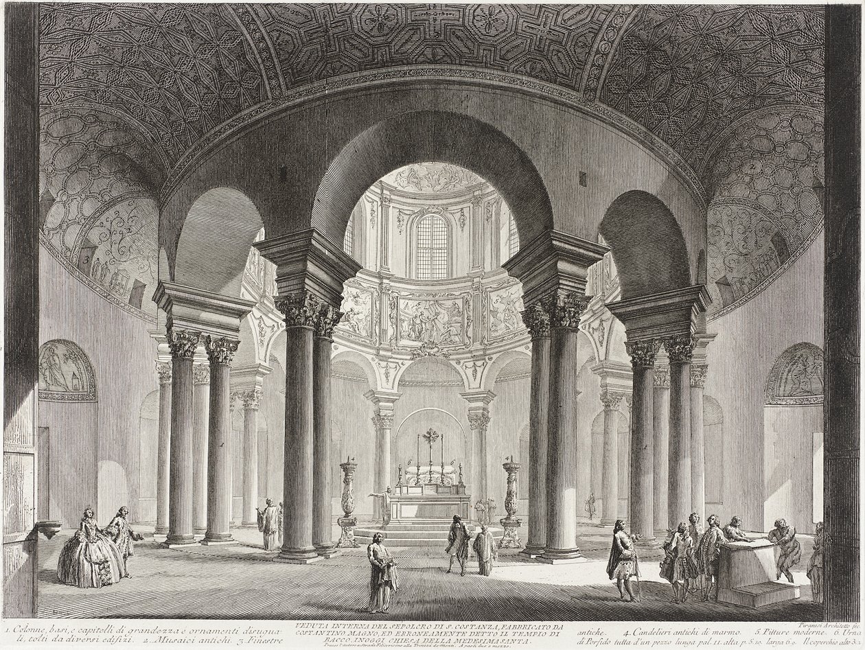 Gezicht op het interieur van het graf van de heilige Costanza, gebouwd door Constantijn de Grote en ten onrechte de Tempel van Bacchus genoemd, nu de kerk van de heilige Costanza. door Giovanni Battista Piranesi