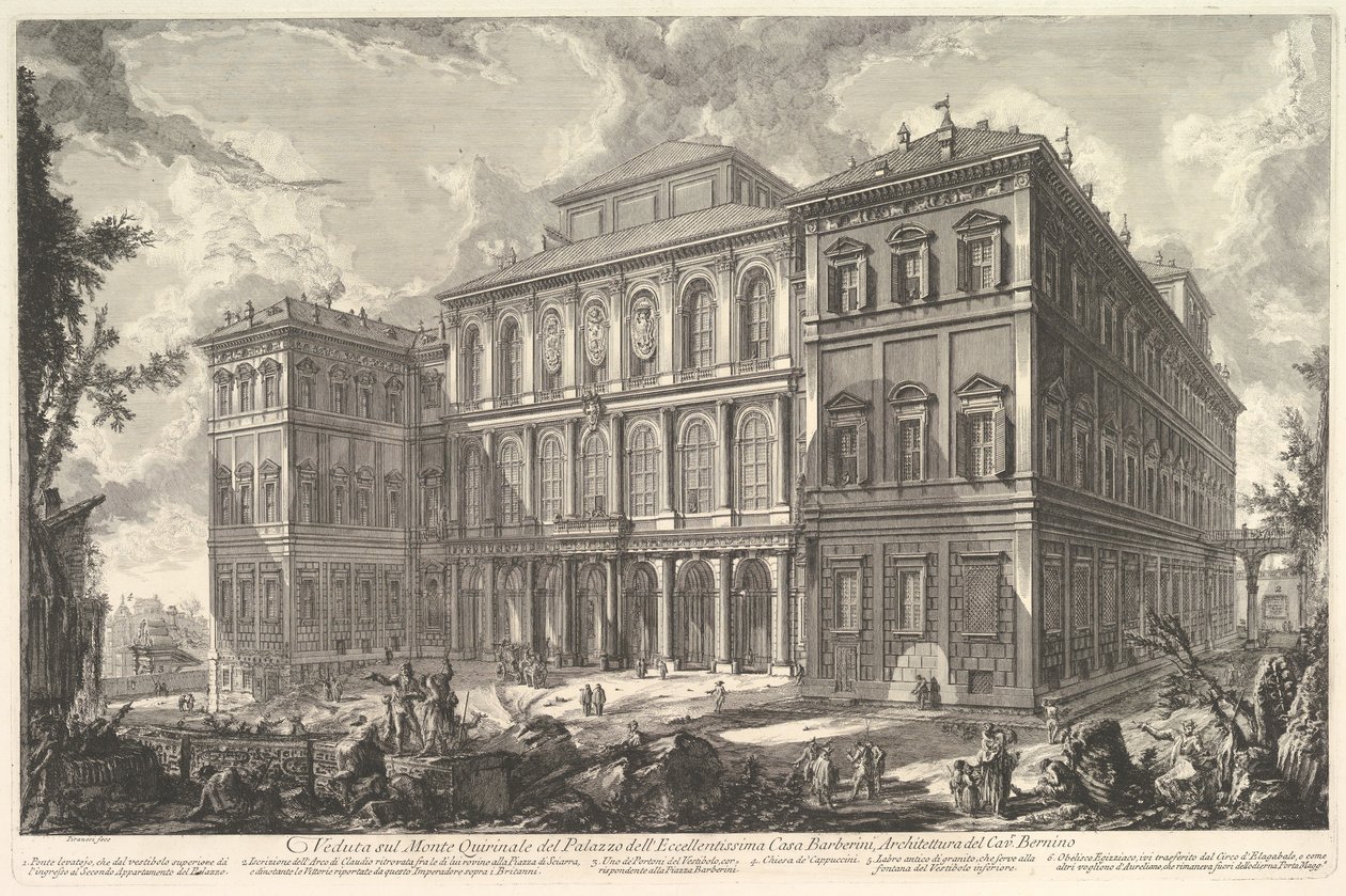 Uitzicht op het paleis van de illustere familie Barberini op de Quirinaalheuvel door Giovanni-Battista Piranesi