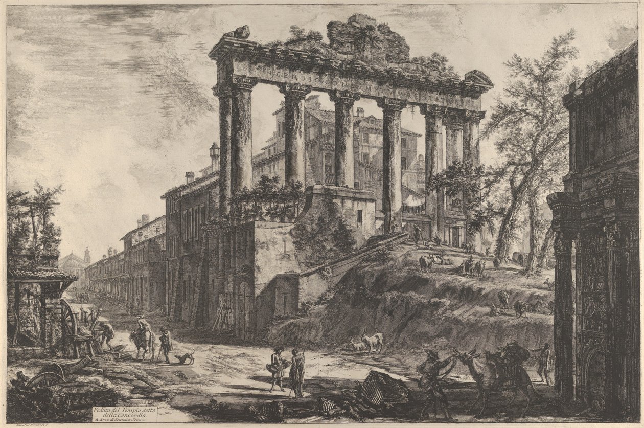 Gezicht op de zogenoemde Tempel van Concordia met de Tempel van Saturnus, rechts de Boog van Septimius Severus door Giovanni Battista Piranesi