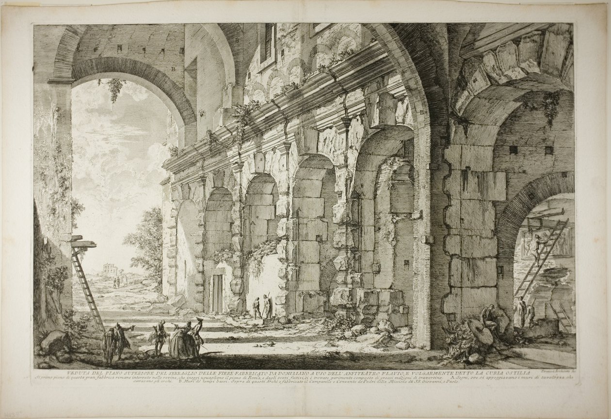 Zicht op de bovenverdieping van de Kooien voor Wilde Dieren gebouwd door Keizer Domitianus, geassocieerd met het Flavische Amfitheater en gewoonlijk de Curia Hostilia genoemd, uit Zichten van Rome door Giovanni Battista Piranesi