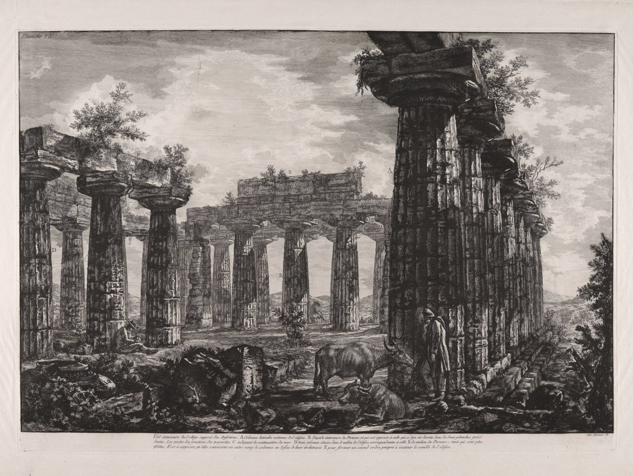 Binnenaanzicht van het zogenaamde College van de Anfictions, uit „Verschillende gezichten op ... Pesto“ (Verschillende gezichten op ... Paestum) door Giovanni Battista Piranesi