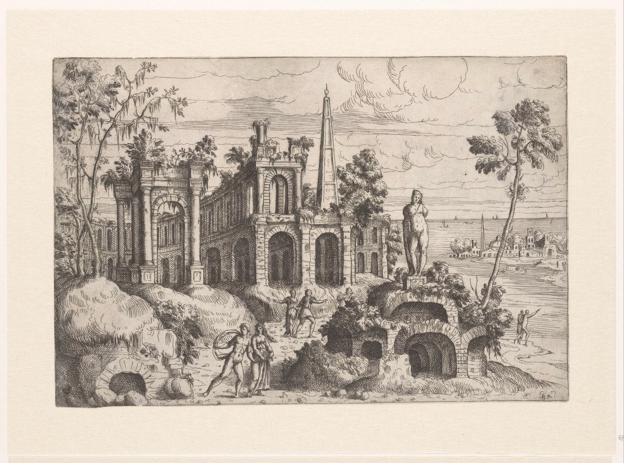 Landschap met antieke ruïnes, sculptuur en obelisk door Giovanni Battista Pittoni (I)
