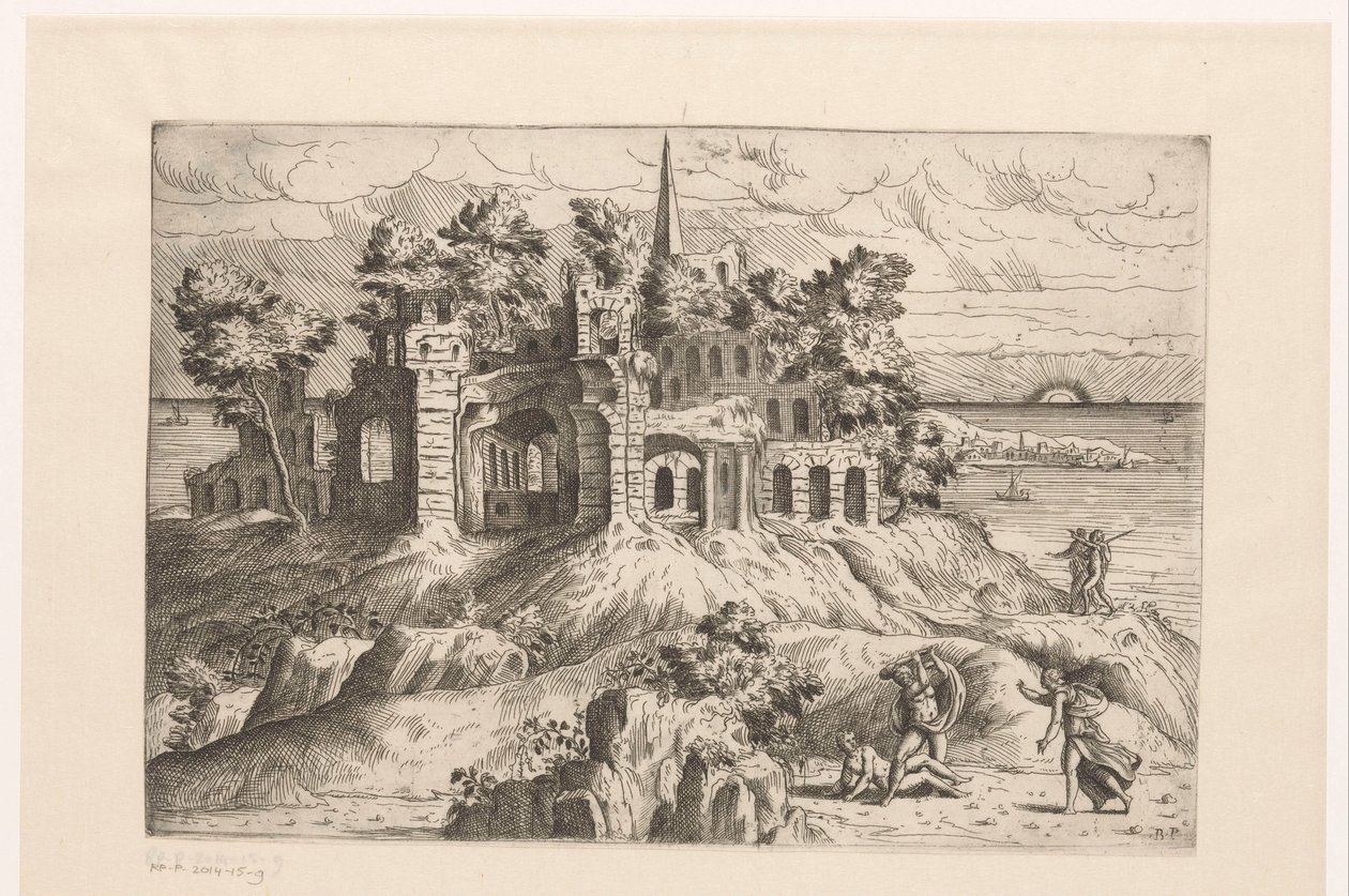 Landschap met ruïnes aan het water en een op- of ondergaande zon door Giovanni Battista Pittoni (I)