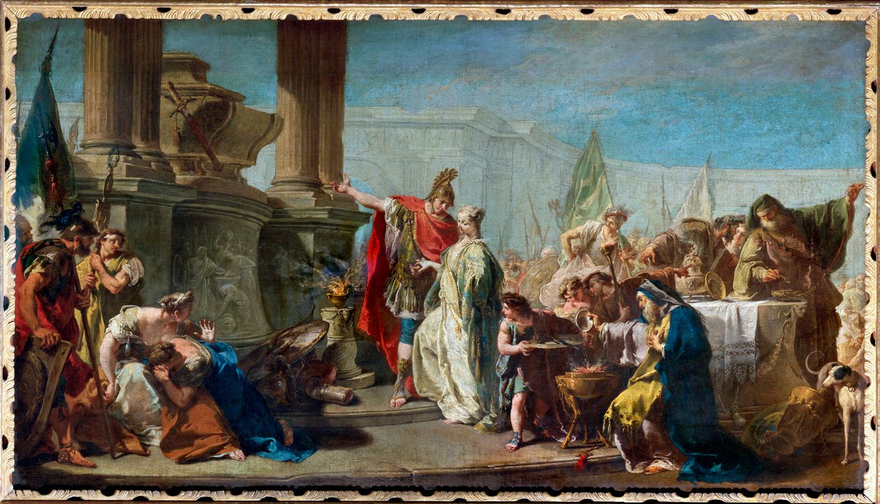 Polyxena, dochter van Priamos, koning van Troje, wordt geofferd als boetedoening aan de geest van de dode Achilles ... door Giovanni Battista Pittoni