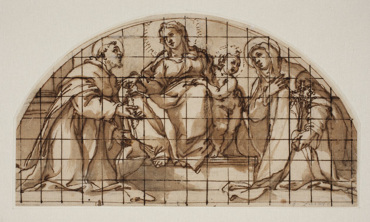 Lunet met de Madonna en Kind met St. Franciscus van Assisi en Catharina van Siena door Giovanni Battista Ricci