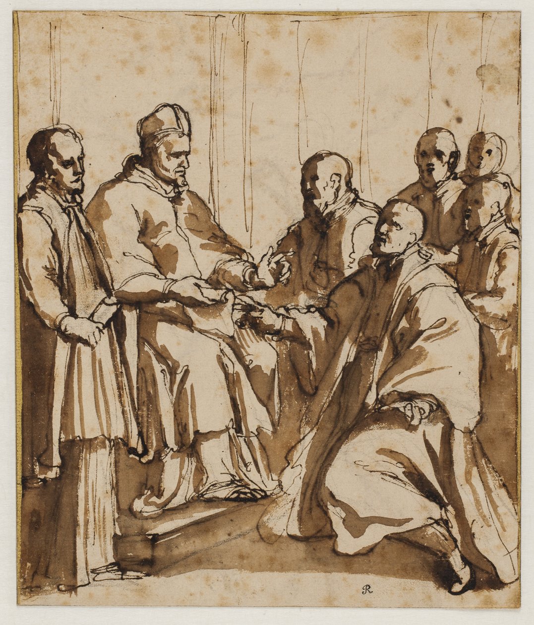 Paus Paulus V geeft de bul "Universi agri domini" uit van 1612 door Giovanni Battista Ricci