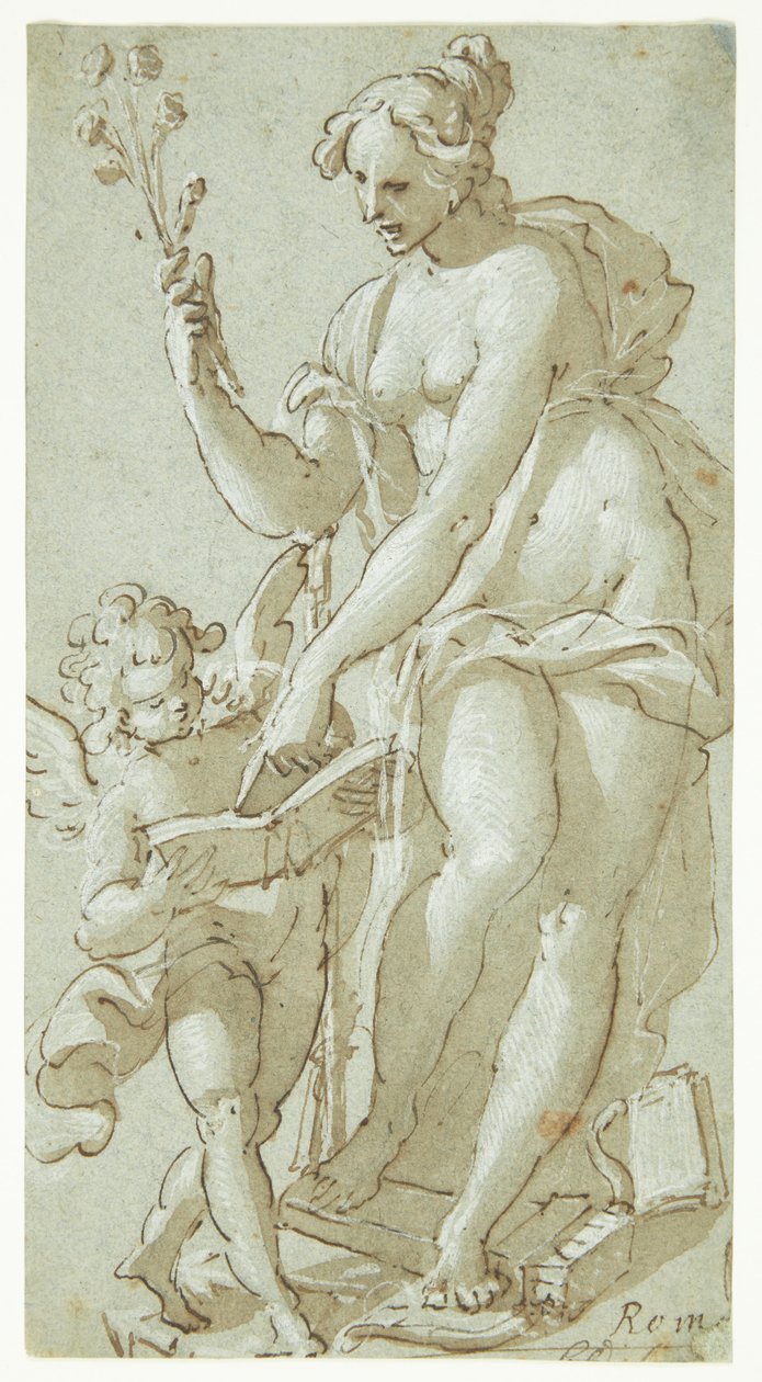 Venus onderwijst Amor, die in een boek leest door Giovanni Battista Rovere