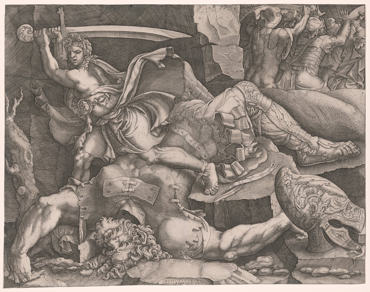 David hakt het hoofd van Goliath af door Giovanni Battista Scultori
