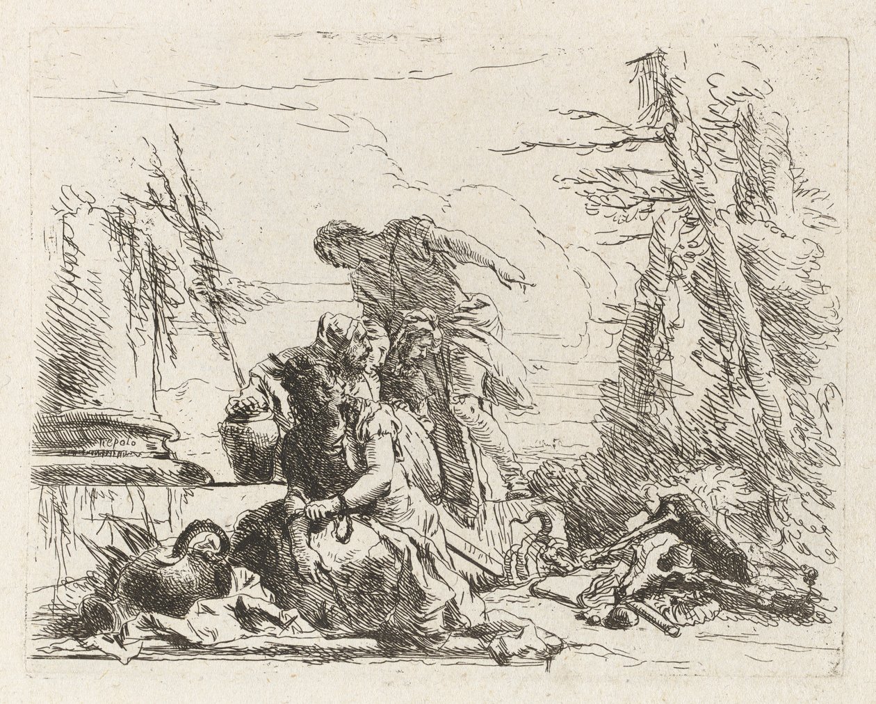 Een Vrouw met Haar Armen in Kettingen en Vier Andere Figuren, uit Vari capricci door Giovanni Battista Tiepolo