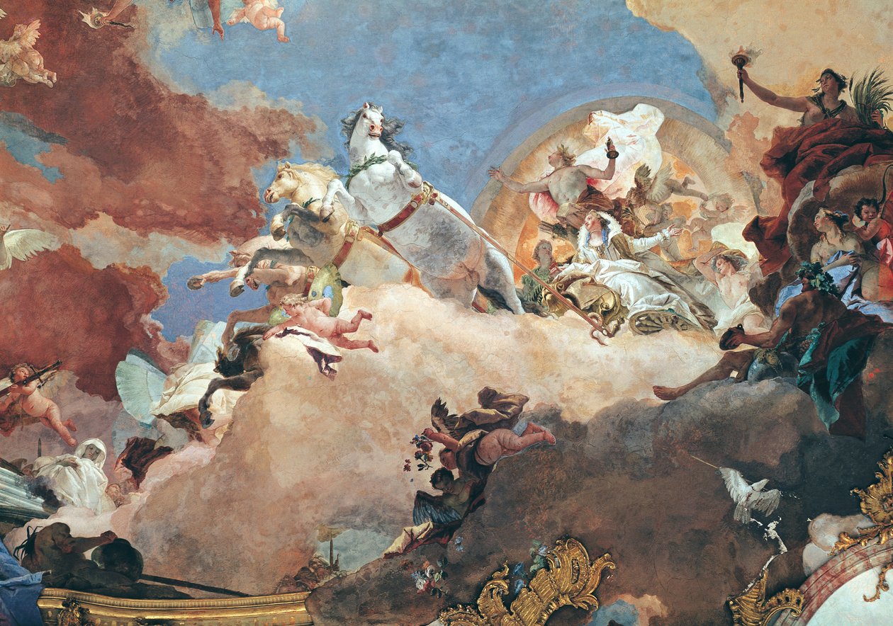 Apollo in zijn zonnewagen die Beatrice I (1145-84) naar Frederik I Barbarossa (1122-90) rijdt (detail) door Giovanni Battista Tiepolo