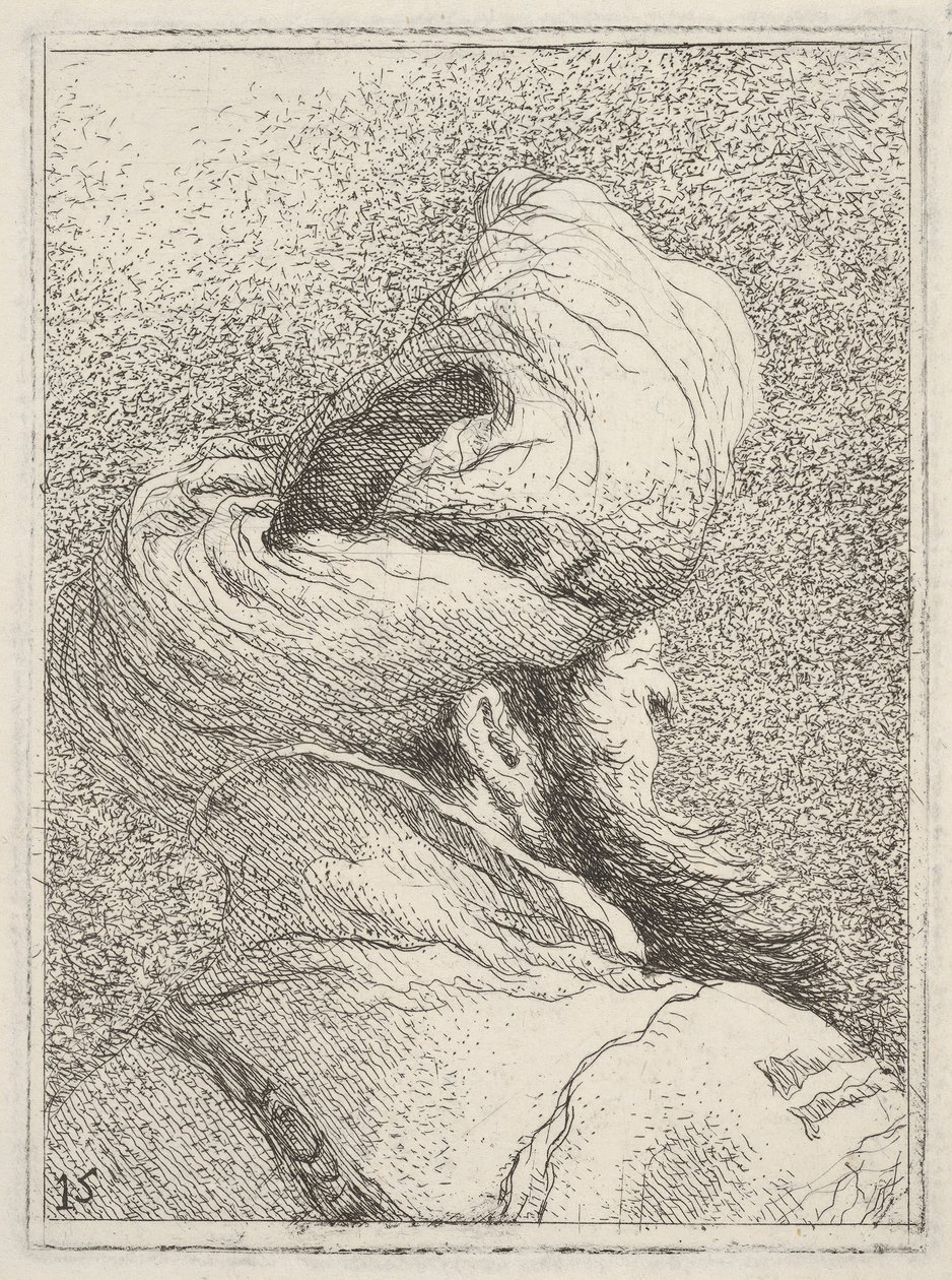 Baardman met een tulband, afgebeeld in buste lengte van achteren in driekwart zicht door Giovanni Battista Tiepolo