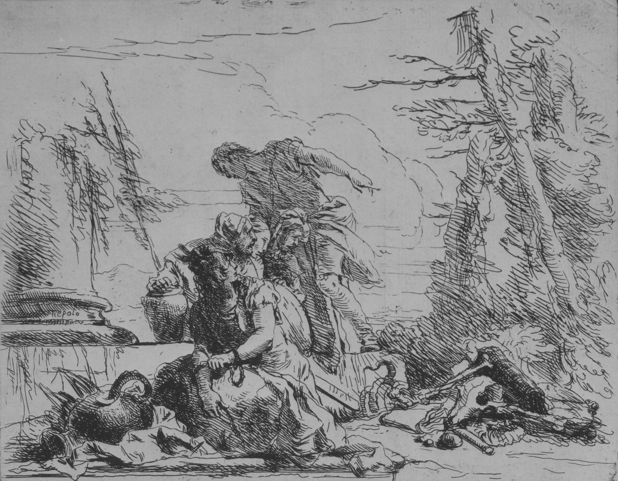 Geketende vrouw en andere figuren bij een brandstapel van botten, uit de Capricci door Giovanni Battista Tiepolo