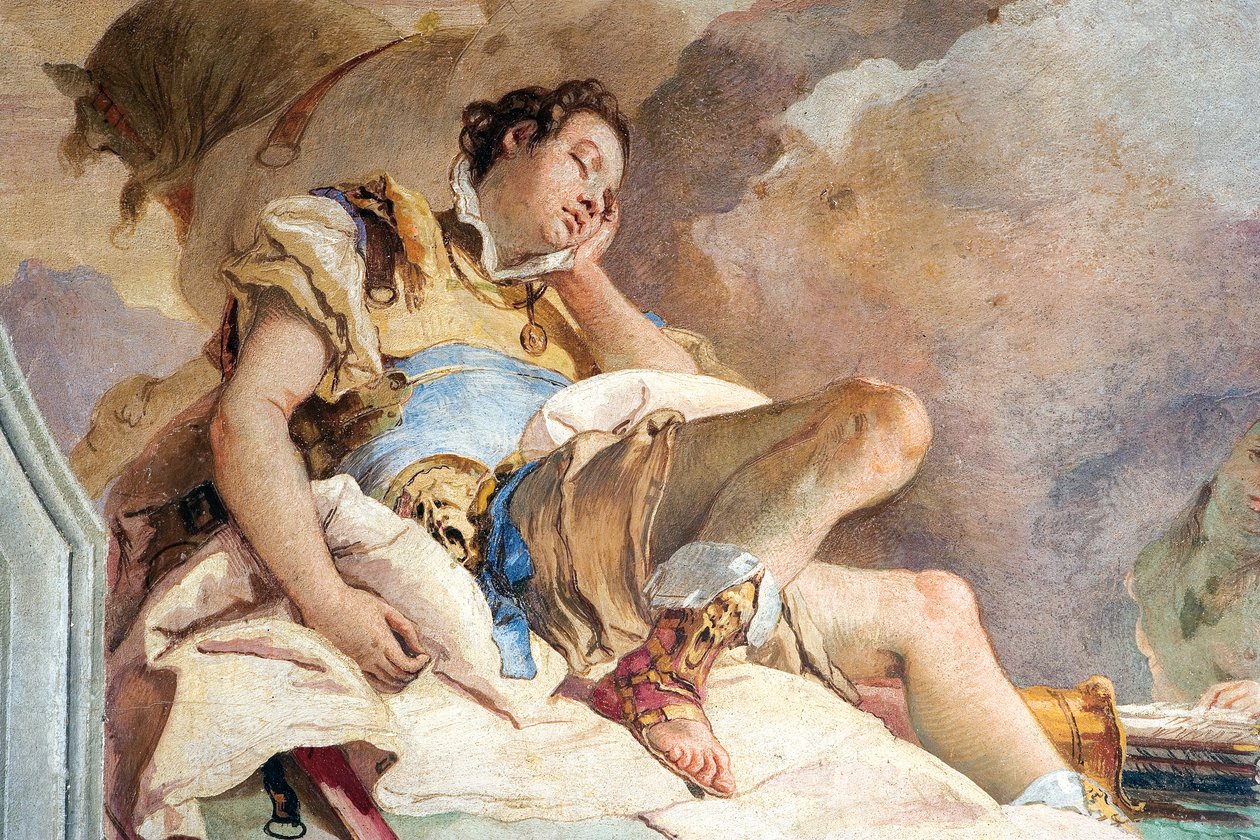 Detail van Rinaldo, uit Armida ontvoert de slapende Rinaldo, uit de Kamer van Jeruzalem Bevrijd in de Palazzina, 1757 door Giovanni Battista Tiepolo