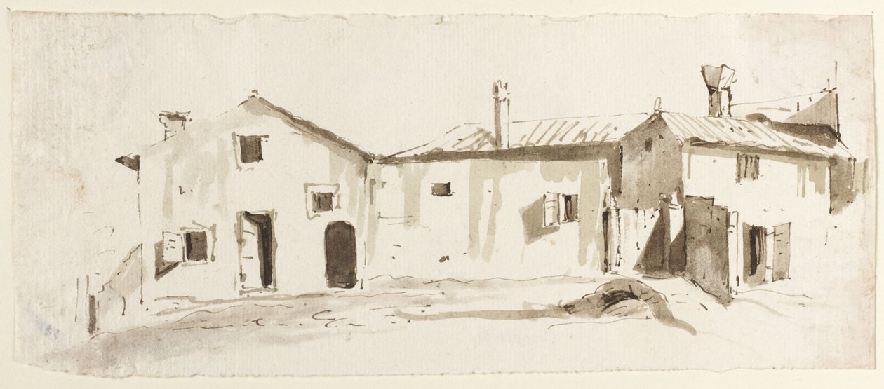 Boerderijgebouwen met open deuren, brug en hek door Giovanni Battista Tiepolo