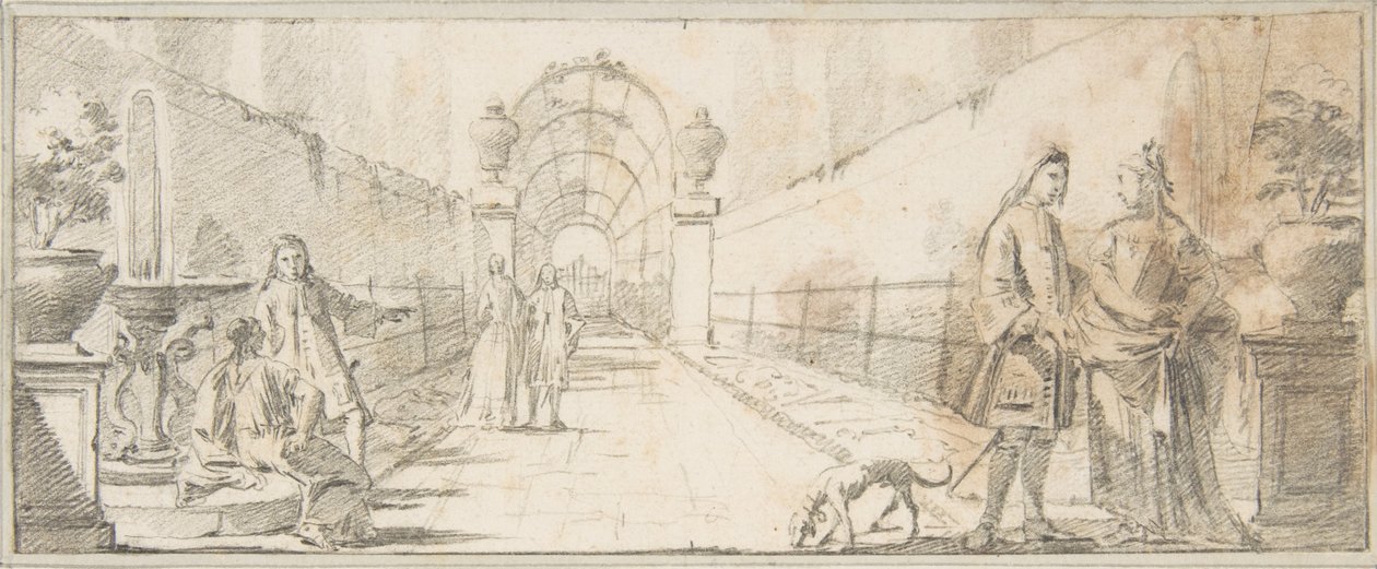 Illustratie voor een boek:  Personen in gesprek in een tuin door Giovanni Battista Tiepolo